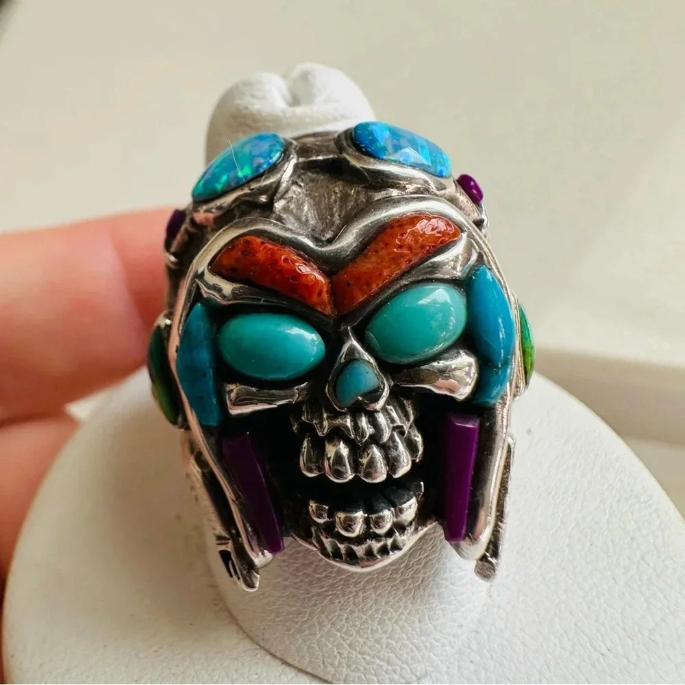 Handmade Sterling Silver & Multi Stone Inlay
Skull/Pilot/Biker/Rocker Ring - Picture 5 of 9